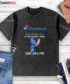Alt Text: Happy Stitch X Dominos Live Laugh Love graphic on a washed t-shirt, featuring a playful slogan and vibrant design.