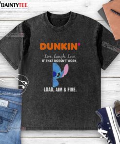 Alt Text: Happy Stitch x Dunkin Live Laugh Love graphic on washed t-shirt, showcasing a fun and playful design.