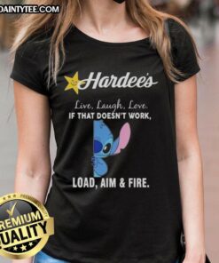 Happy Stitch x Hardee's 'Live Laugh Love' tee for women, featuring a fun graphic design and playful slogan.
