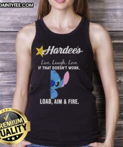 Happy Stitch x Hardee's tank top featuring 'Live Laugh Love' and 'Load Aim and Fire' designs for a stylish look.