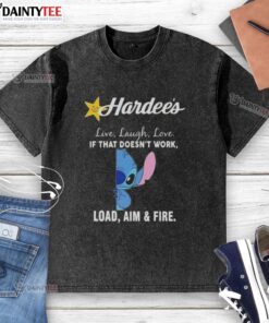Alt Text: Happy Stitch X Hardees Live Laugh Love T-shirt featuring 'Load, Aim, and Fire' design in a stylish washed finish.