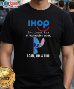 Happy Stitch X IHOP Live Laugh Love T-Shirt featuring playful graphic design and humorous quote for casual wear.