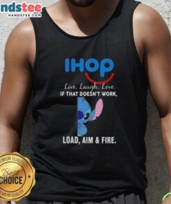 Happy Stitch x IHOP tank top featuring 'Live Laugh Love' and 'Load Aim and Fire' designs for a fun, casual look.