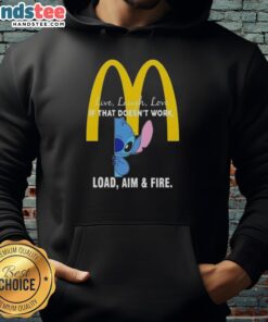 Happy Stitch x McDonald's hoodie featuring 'Live Laugh Love' and 'Load Aim Fire' designs, perfect for casual wear.
