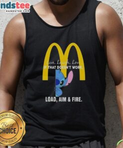 Happy Stitch x McDonald's tank top featuring 'Live Laugh Love' and 'Load Aim and Fire' designs, perfect for casual wear.