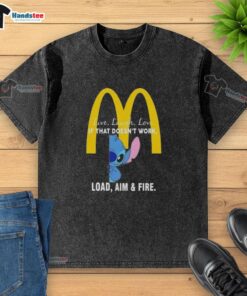 Happy Stitch x McDonald's Live Laugh Love t-shirt featuring 'Load Aim and Fire' design, perfect for casual style.