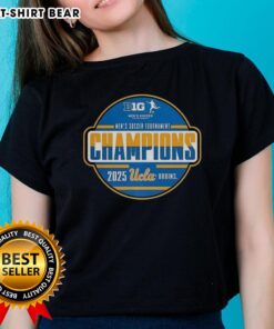 Happy UCLA Big Ten Men's Soccer Tournament Champions 2025 ladies' tee showcasing team pride and vibrant design.