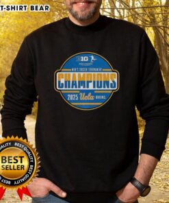 UCLA Big Ten Men's Soccer Tournament Champions 2025 sweatshirt, featuring vibrant team colors and celebratory graphics.