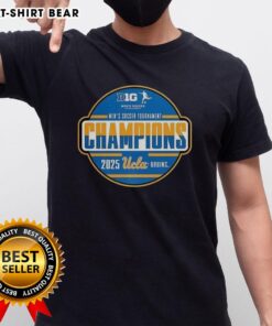 Happy UCLA Big Ten Men's Soccer Tournament Champions 2025 T-Shirt showcasing team pride and victory in vibrant colors.