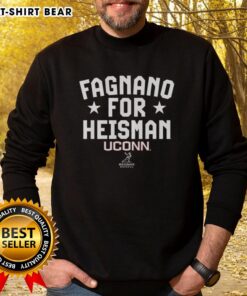 Joe Fagnano wearing a 'For Heisman' sweatshirt, celebrating UConn football with a big smile and team spirit.