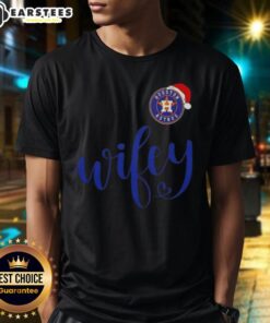 Happy Wifey Houston Astros Santa Hat Merry Christmas T-Shirt featuring festive design for baseball fans.