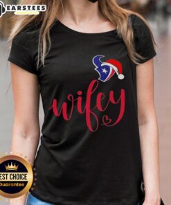 Happy Wifey Houston Texans Santa Hat Merry Christmas Ladies Tee for festive football fans celebrating the holiday season.