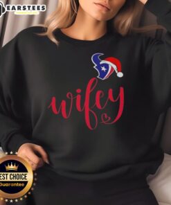 Happy Wifey Houston Texans sweatshirt with Santa hat, perfect for a festive Merry Christmas celebration.