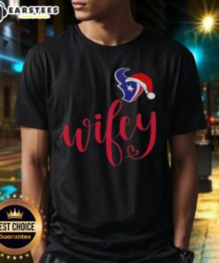 Happy Wifey Houston Texans Santa Hat Merry Christmas T-Shirt featuring festive holiday design and team colors.