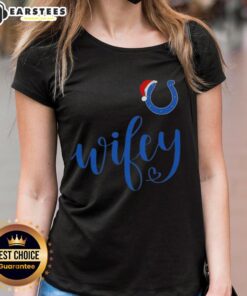 Happy Wifey Indianapolis Colts Santa Hat Merry Christmas Ladies Tee for festive football fans celebrating the holidays.