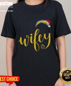 Happy Wifey Los Angeles Chargers Santa Hat Merry Christmas Ladies Tee, perfect festive gear for Chargers fans.