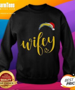 Happy Wifey sweatshirt featuring Los Angeles Chargers logo and festive Santa hat for a Merry Christmas celebration.