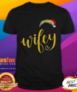 Happy Wifey Los Angeles Chargers Santa Hat Merry Christmas T-Shirt with festive design, perfect for holiday celebrations.