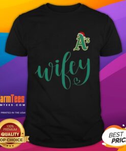 Happy Wifey Oakland Athletics Santa Hat Merry Christmas T-Shirt featuring festive design for baseball fans during holidays.
