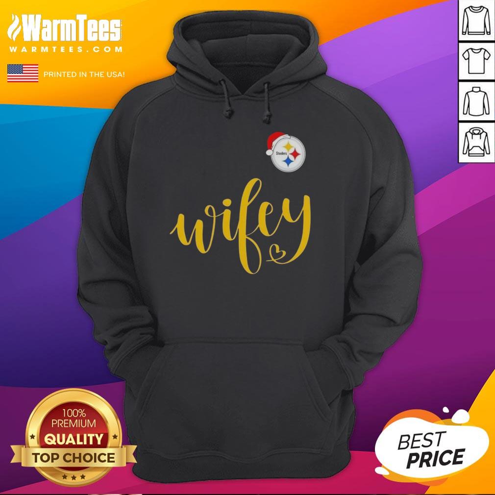 happy-wifey-pittsburgh-steelers-santa-hat-merry-christmas-hoodie Happy woman in a Pittsburgh Steelers hoodie and Santa hat, celebrating Christmas with festive cheer.