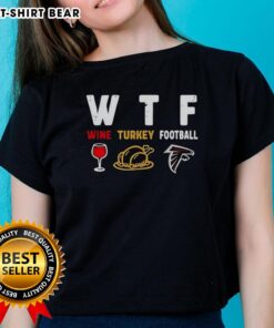 Happy Wine Thanksgiving tee featuring Atlanta Falcons football design for ladies, perfect for game day celebrations.