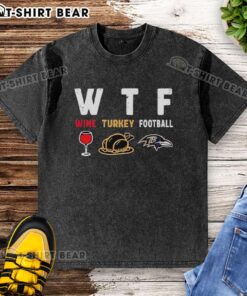 Happy wine turkey graphic on a Baltimore Ravens Thanksgiving washed t-shirt, perfect for holiday football fans.