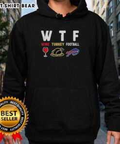 Happy Wine Turkey Buffalo Bills Football Thanksgiving Hoodie showcasing festive design for football fans celebrating Thanksgiving.