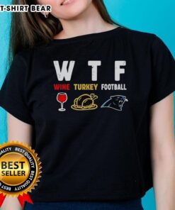 Happy Thanksgiving ladies tee featuring wine and Carolina Panthers football for festive holiday celebrations.