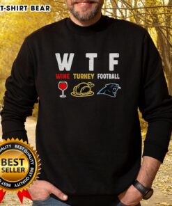 Alt Text: Happy Thanksgiving sweatshirt featuring a turkey and Carolina Panthers logo, perfect for football fans celebrating the holiday.