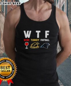 Happy wine and turkey design on a Carolina Panthers football Thanksgiving tank top for festive fans.