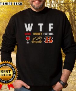 Happy Wine Thanksgiving sweatshirt featuring Cincinnati Bengals football design for festive holiday celebrations.