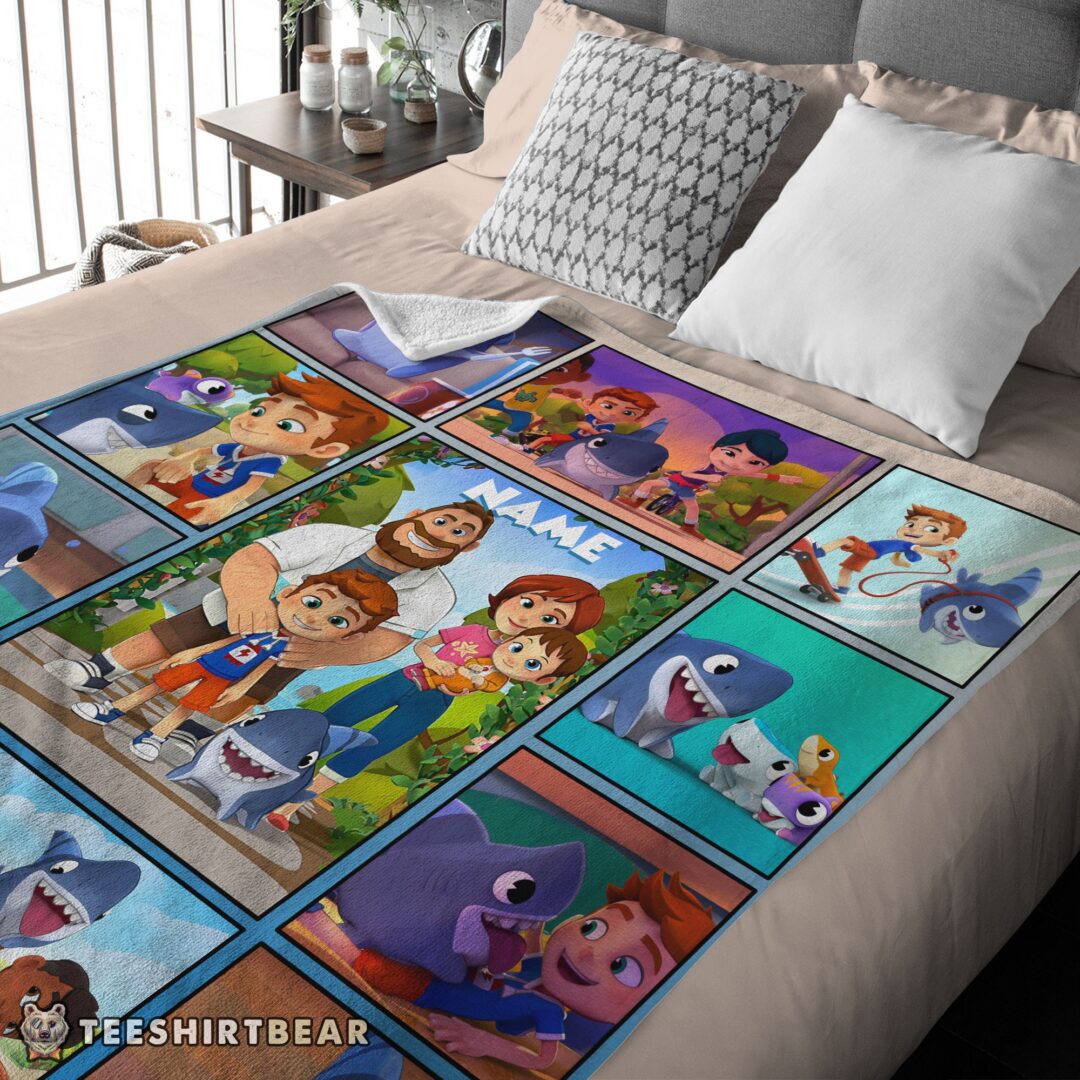 Hot Cartoon Sharkdog With Family Blanket Fleece Customized Blanket