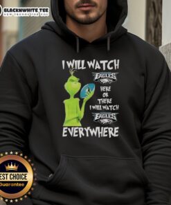 Cozy Hot Grinch hoodie featuring 'I Will Watch Philadelphia Eagles Here or There' design for Eagles fans.