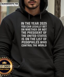 Hot in 2026 hoodie featuring a bold statement about betting on the U.S. president and a controversial list of pedophiles.
