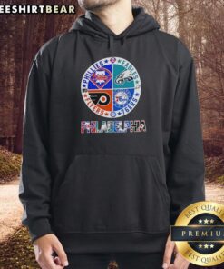 Hot Philadelphia sport teams hoodie featuring circle logos of Phillies, Eagles, 76ers, and Flyers for fans.
