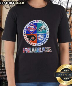 Hot Philadelphia sport teams circle logo tee featuring Phillies, Eagles, 76ers, and Flyers for ladies.