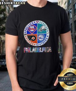 Hot Philadelphia sport teams logo t-shirt featuring Phillies, Eagles, 76ers, and Flyers in a stylish circle design.