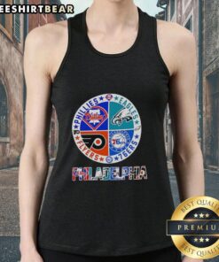 Hot Philadelphia sport teams tank top featuring the Phillies, Eagles, 76ers, and Flyers circle logos.