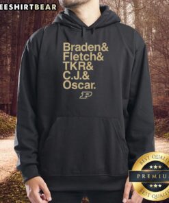 Alt Text: Stylish Hot Purdue Boilermakers hoodie featuring ampersand stars, Braden Fletch, Tkr, C.J., and Oscar for 2025-26 season.