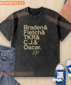 Alt Text: Hot Purdue Boilermakers T-shirt featuring Braden Fletch, C.J., and Oscar with stars for 2025-26 season.