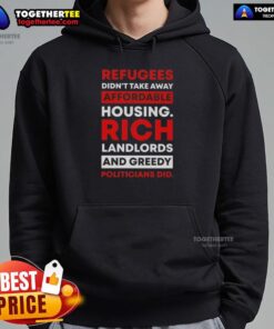 Hot Refugees hoodie design highlighting how rich landlords and greedy politicians affect affordable housing.