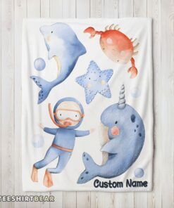 Hot Sea's Treasures Narwhal Dolphin Crab Starfish Scuba Divers Blanket Fleece Customized Blanket