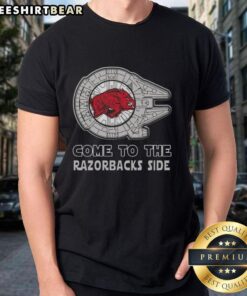 Hot Star Wars Come To The Arkansas Razorbacks Side T-Shirt featuring a unique design for fans of Star Wars and Razorbacks.