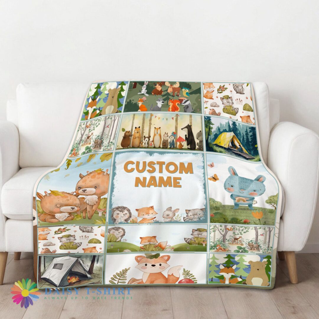 Hot Top Forest Animals Collage Whimsical Blanket Fleece Customized Blanket
