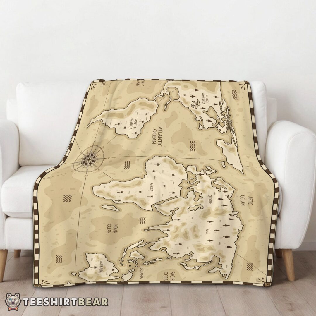 hot-vintage-pirate-world-map-sepia-nautical-adventure-blanket-fleece-blanket-mk-01 Hot Vintage Pirate World Map Sepia Nautical Adventure Blanket Fleece Blanket - Image 3