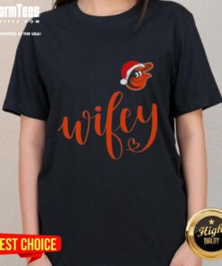 Hot Wifey Baltimore Orioles tee in a Santa hat, perfect for a Merry Christmas celebration for baseball fans.