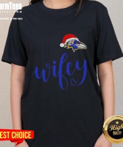 Hot Wifey Baltimore Ravens Santa Hat Merry Christmas ladies tee featuring festive design and team spirit for the holidays.