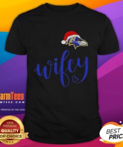 Hot Wifey Baltimore Ravens Santa Hat Merry Christmas T-Shirt featuring festive design for Ravens fans celebrating the holidays.