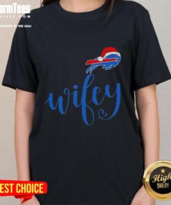 Hot Wifey Buffalo Bills Santa Hat Merry Christmas Ladies Tee in festive red with team logo and holiday design.