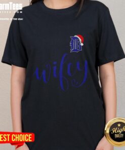 Hot Wifey Detroit Tigers Santa Hat Merry Christmas Ladies Tee featuring festive design and team logo, perfect for holiday cheer.